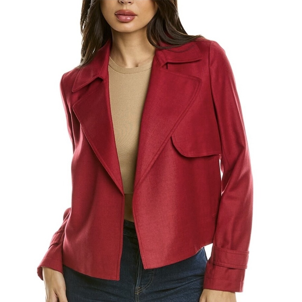 Theory Menefer Sleek Flannel Wool Cropped Trench Jacket Burgundy Red Size M